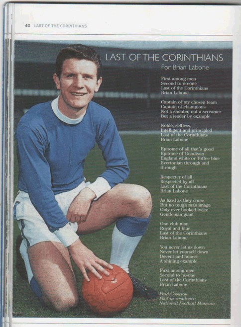 Tribute to Brian Labone in Everton match day programme